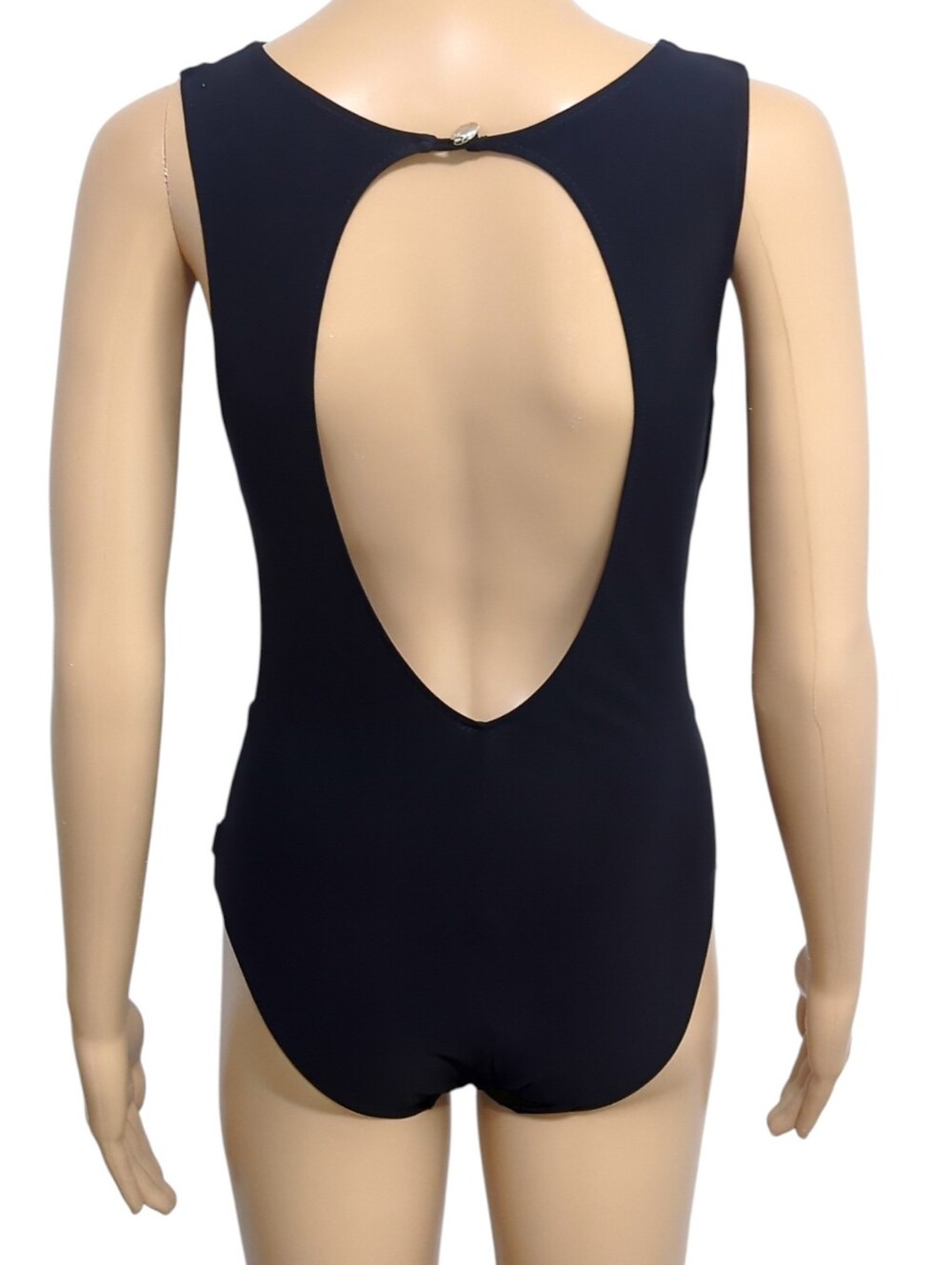 SHAN Black One Piece Swimsuit Underwire Open Back Logo Buttons Size 10 - Picture 3 of 14